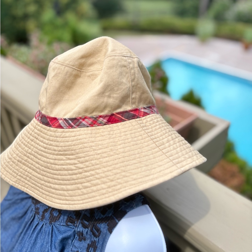 NWOT EDDIE BAUER Stylish Canvas 4” Brim Tan Sun Hat, Red Plaid Accent Size: L/XL - Picture 3 of 7